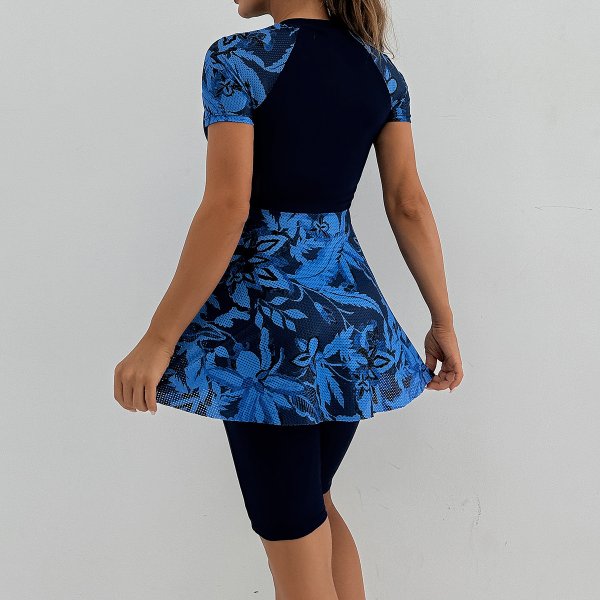 New Split Swimsuit Women's Conservative Sports Short Sleeve Skirt Printed Splicing Surfing Suit