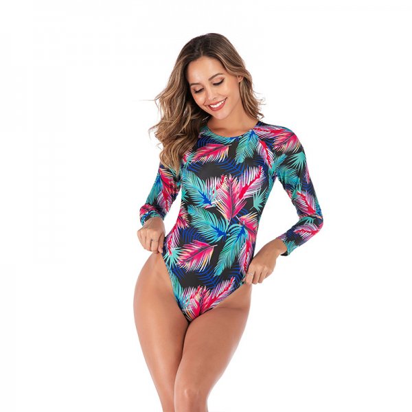 New tropical printed one-piece swimsuit with long sleeves and sun protection for women