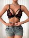 Black Lace Crisscross Bralette with Lip Print: Push-Up Low-Back Y2K Lingerie