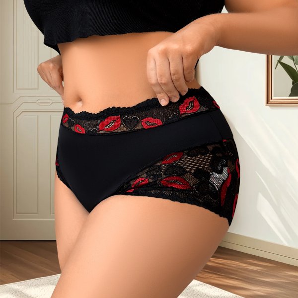 Plus Size Black Red Lip Print Lace Boyshort: Lifting & Breathable Teen Underwear