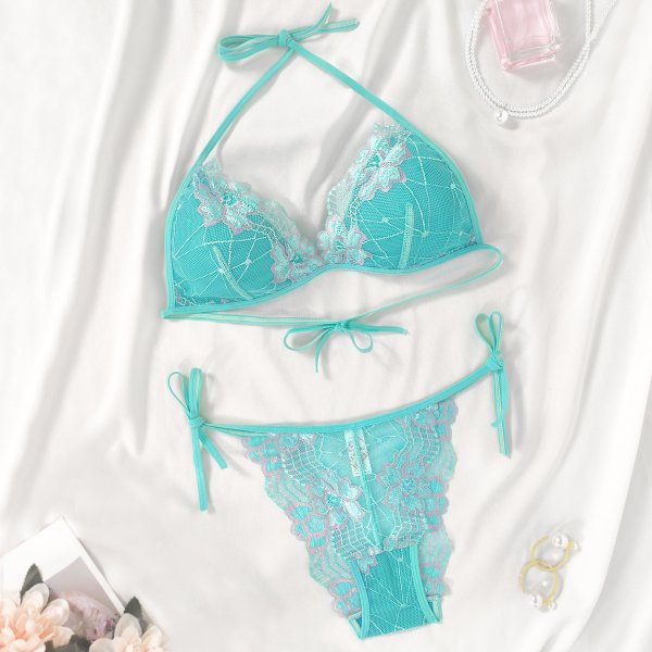 Turquoise Lace Halter Lingerie Set: Push-Up Low-Back Pure Desire Style (XS-L)