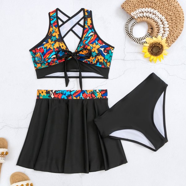 New swimsuit three piece printed fashionable sexy skirt style bikini women's swimsuit