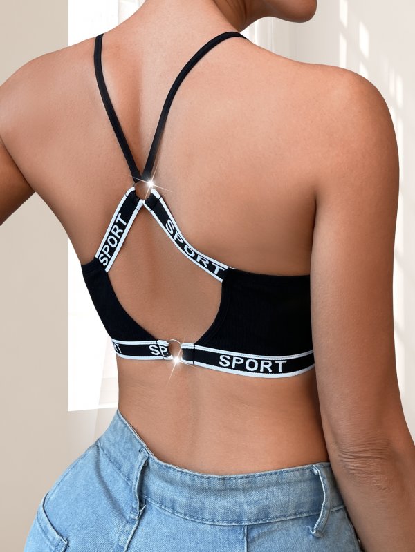 Black Ribbed Bralette with 'SPORT' Print: Open-Back Pure Desire Style Teen Lingerie