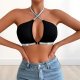 Black Halter Neck Bralette with Glitter Straps: Low-Back Push-Up Y2K Lingerie
