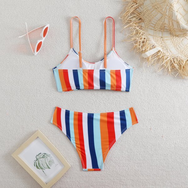 Striped high waisted bow split swimsuit for women, bikini