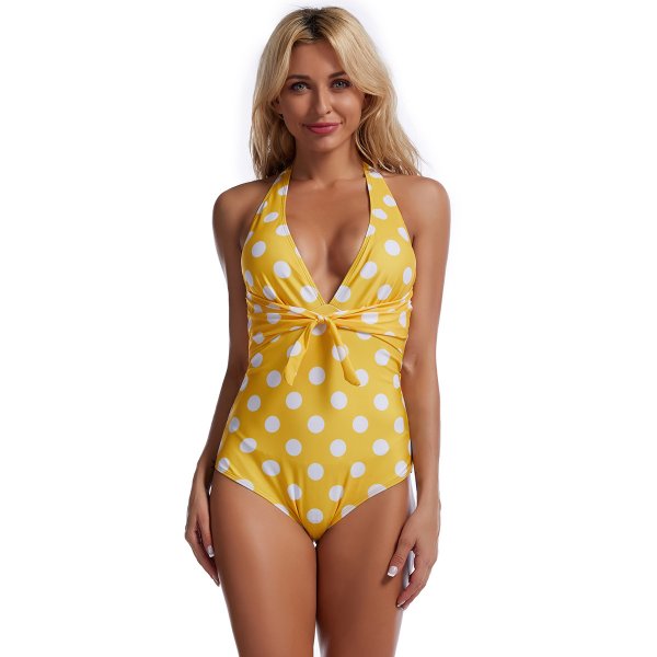New one-piece swimsuit printed conservative V-neck adult tight swimsuit for women