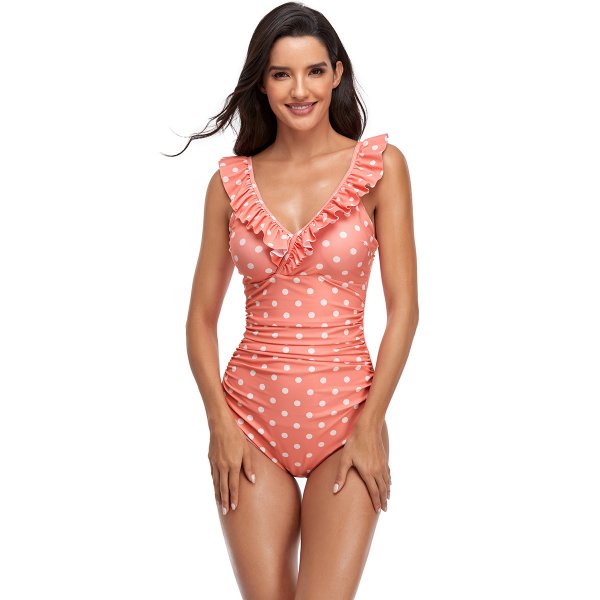 New solid color printed swimsuit with sexy ruffle edge one-piece swimsuit for women