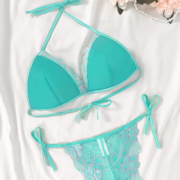 Turquoise Lace Halter Lingerie Set: Push-Up Low-Back Pure Desire Style (XS-L)