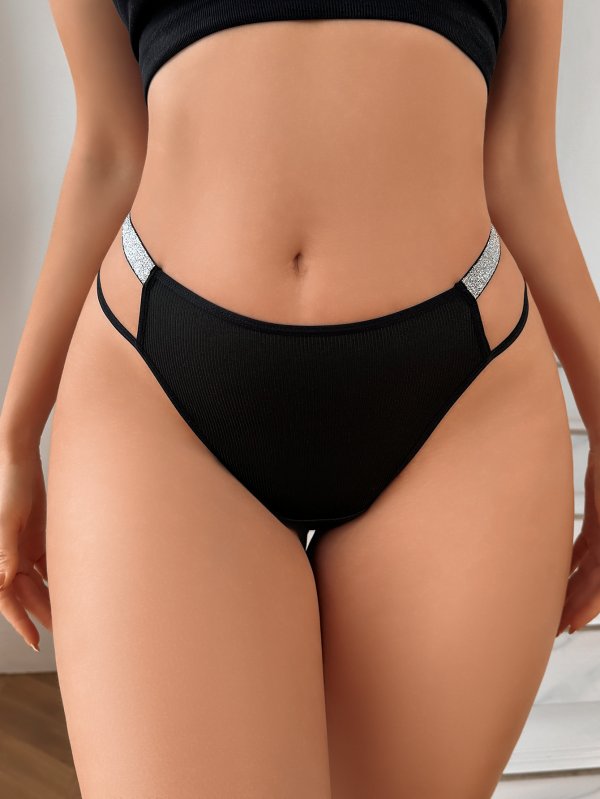 Black Plus-Size Thong with Glitter Straps: Breathable Teen Underwear (1XL-4XL)