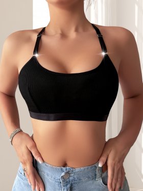 Hanging neck vest style bra cross-border new product solid color breathable women's large chest display small bra