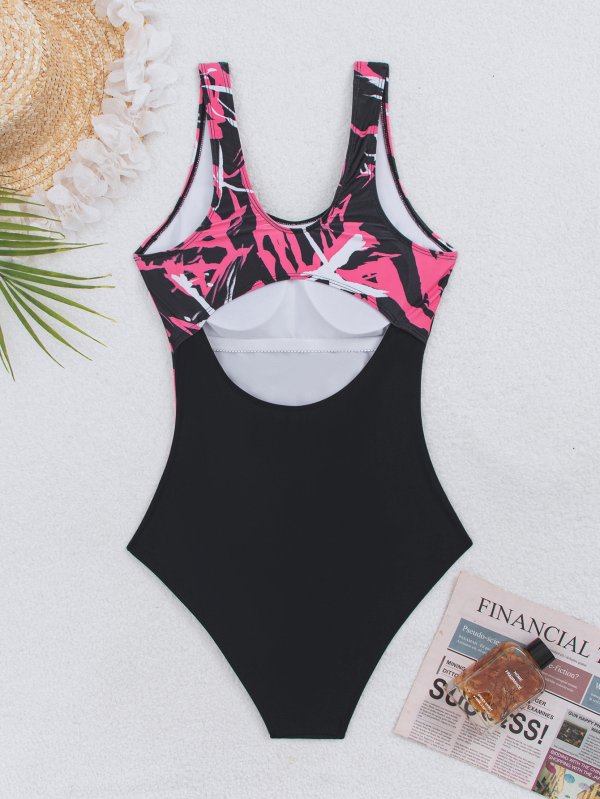 2026 new competitive one-piece swimsuit solid color splicing conservative swimsuit for women