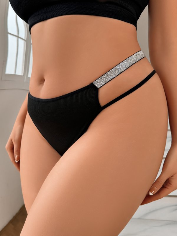 Black Plus-Size Thong with Glitter Straps: Breathable Teen Underwear (1XL-4XL)