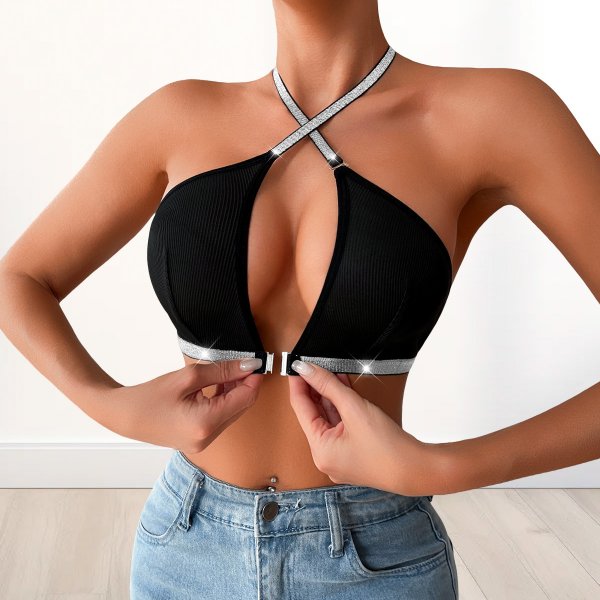 Black Halter Neck Bralette with Glitter Straps: Low-Back Push-Up Y2K Lingerie