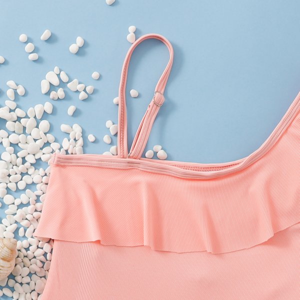 Children's swimsuit fashion slanted shoulder solid color ruffle edge girls' swimsuit hot spring swimsuit