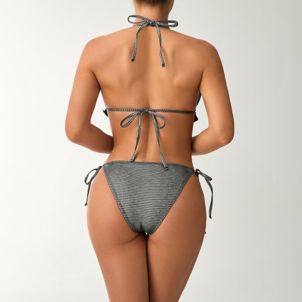 Black/Rose Red Plaid Halter Bikini Set: Ruffled Push-Up Swimsuit