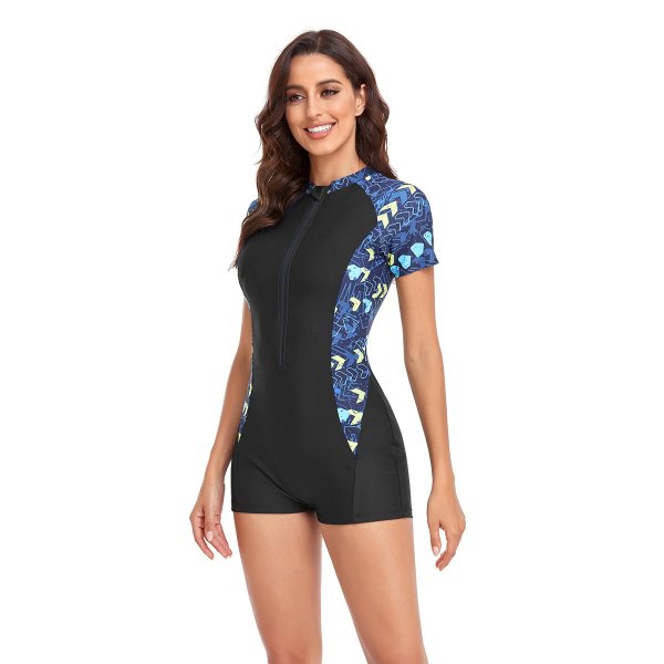 New one-piece fashionable printed zipper short sleeved women's surfing suit