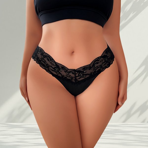 Black Lace Plus-Size Thong: Breathable Teen Underwear (1XL-4XL)
