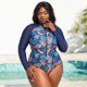 New one-piece swimsuit printed long sleeved zipper swimsuit women's plus size surfing suit