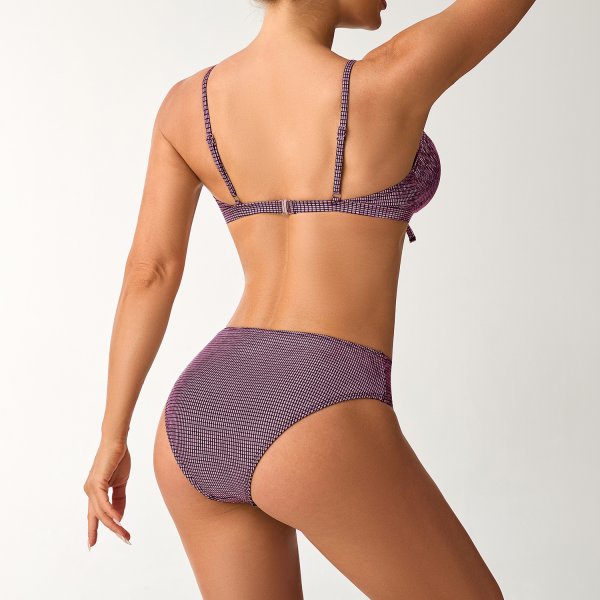 Black/Rose Red Plaid High-Waist Bikini Set: Tie-Front Padded Swimsuit