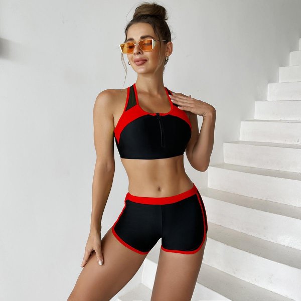 New women's split solid color sports patchwork swimsuit