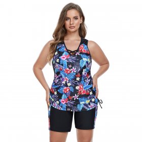 New Split Swimsuit Color blocked Conservative Printed Tankini Set Swimsuit for Women