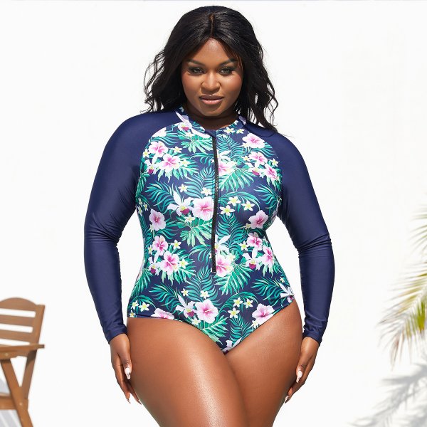 New one-piece swimsuit printed long sleeved zipper swimsuit women's plus size surfing suit