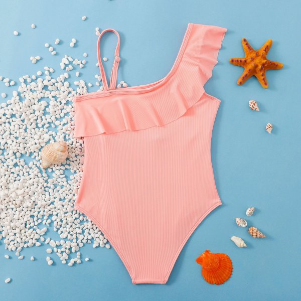 Children's swimsuit fashion slanted shoulder solid color ruffle edge girls' swimsuit hot spring swimsuit