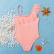 Children's swimsuit fashion slanted shoulder solid color ruffle edge girls' swimsuit hot spring swimsuit