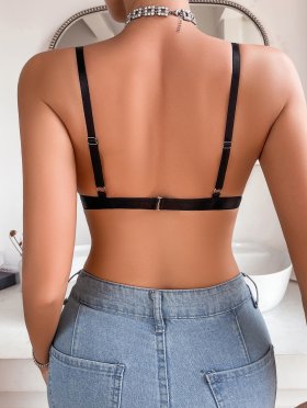 Sleek Ribbed Black Bralette with Sheer Accent