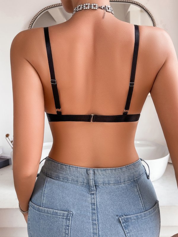 Sleek Ribbed Black Bralette with Sheer Accent
