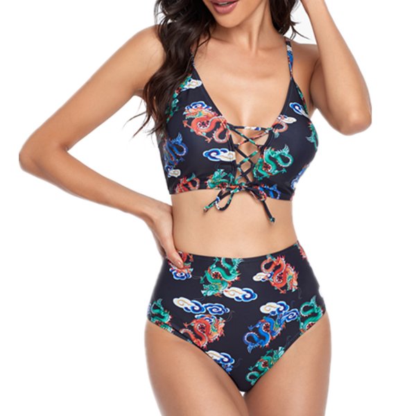 New swimsuit women\'s V-neck tie dye printed sexy high waist split bikini