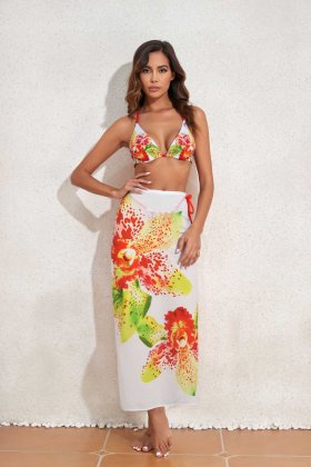 2026 new printed sexy long gauze skirt, backless lace up bikini three piece swimsuit set
