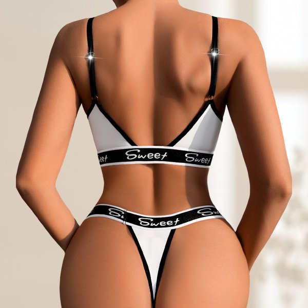 White & Black 'Sweet' Bralette & Thong Set: Low-Back Push-Up Lingerie