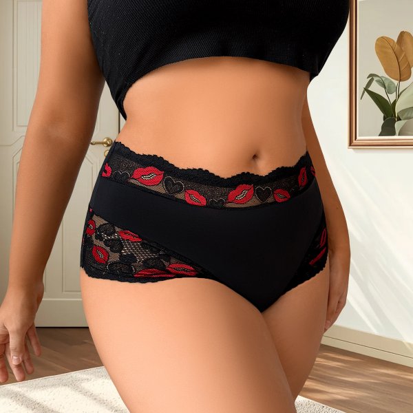 Plus Size Black Red Lip Print Lace Boyshort: Lifting & Breathable Teen Underwear