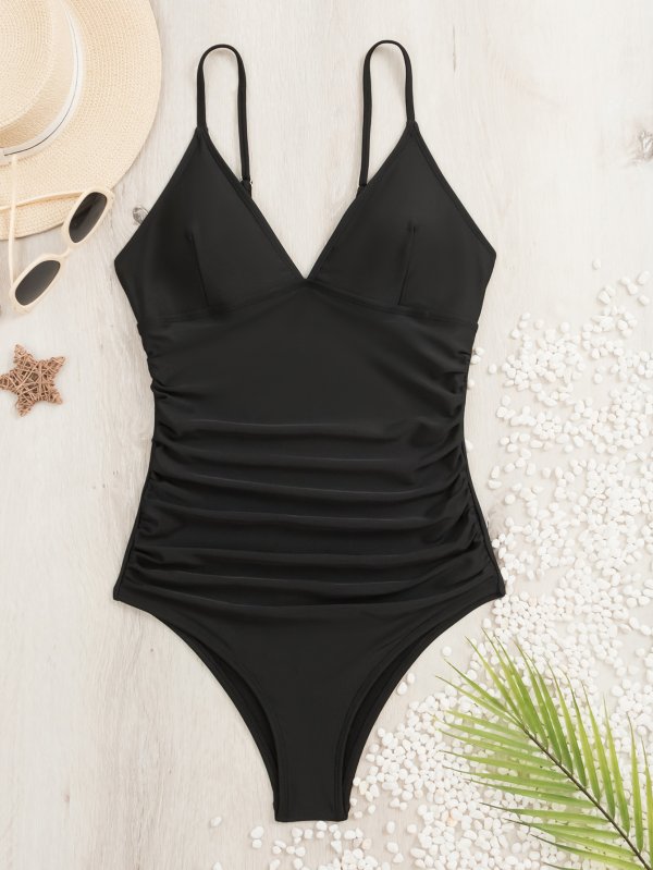 New one-piece black tight conservative V-neck camisole swimsuit for women
