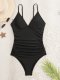 New one-piece black tight conservative V-neck camisole swimsuit for women