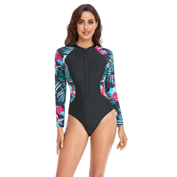 New one-piece swimsuit printed long sleeved zipper tight fitting swimsuit for women