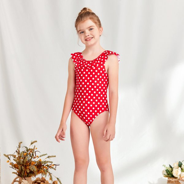 New girls' swimsuit with ruffled edges and polka dots for children