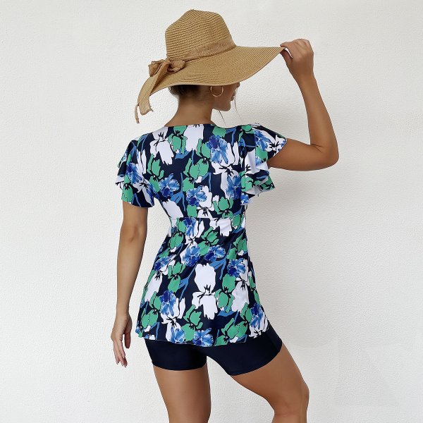 New skirt style printed swimsuit women's belly covering flat corner conservative Tankini set