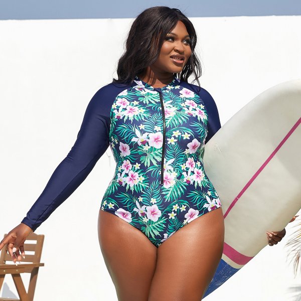 New one-piece swimsuit printed long sleeved zipper swimsuit women's plus size surfing suit