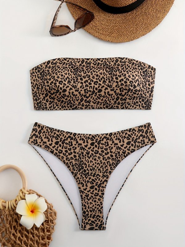 2026 popular leopard print strapless bikini sexy back resort hot spring beach split swimsuit