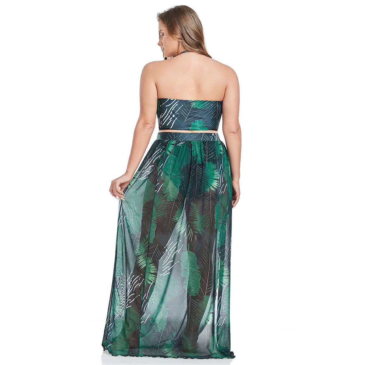 (image for) Plus Size 3 Piece Tropical Print Bikini Set, New Halter Two Piece Swimsuit with Long Sheer Cover Up Maxi Dress