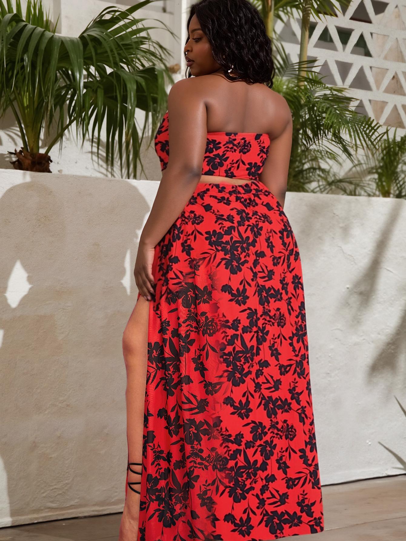 (image for) Plus Size 3 Piece Tropical Print Bikini Set, New Halter Two Piece Swimsuit with Long Sheer Cover Up Maxi Dress