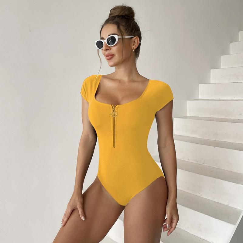(image for) Women Solid Color Short‑Sleeve One‑Piece Swimsuit Sexy Shaping Bikini Bathing Suit