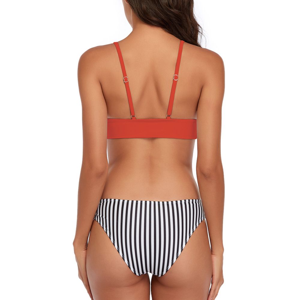(image for) Adjustable Spaghetti Strap Bikini Set Solid Top Striped Bottom Two‑Piece Swimwear for Women