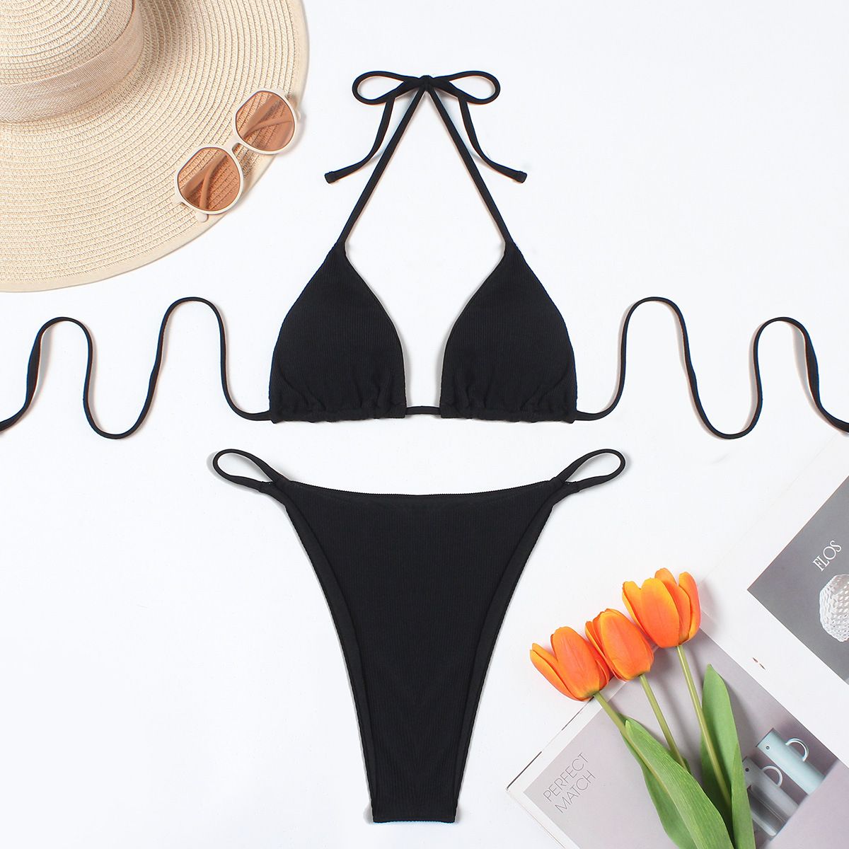 (image for) Women Ribbed Halter Tie‑String Bikini Set Backless 3‑Piece Swimsuit S‑XL