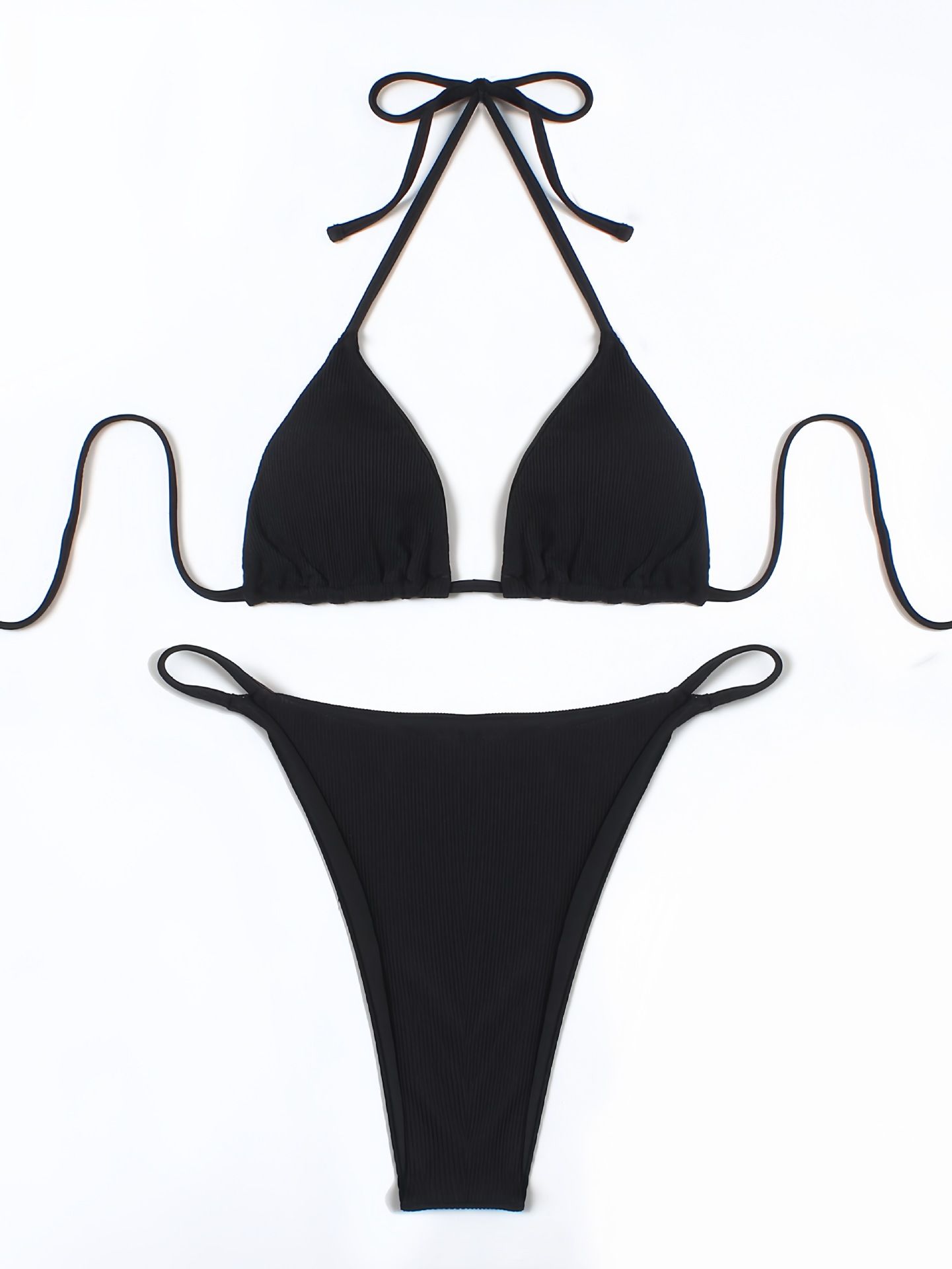 (image for) Women Ribbed Halter Tie‑String Bikini Set Backless 3‑Piece Swimsuit S‑XL
