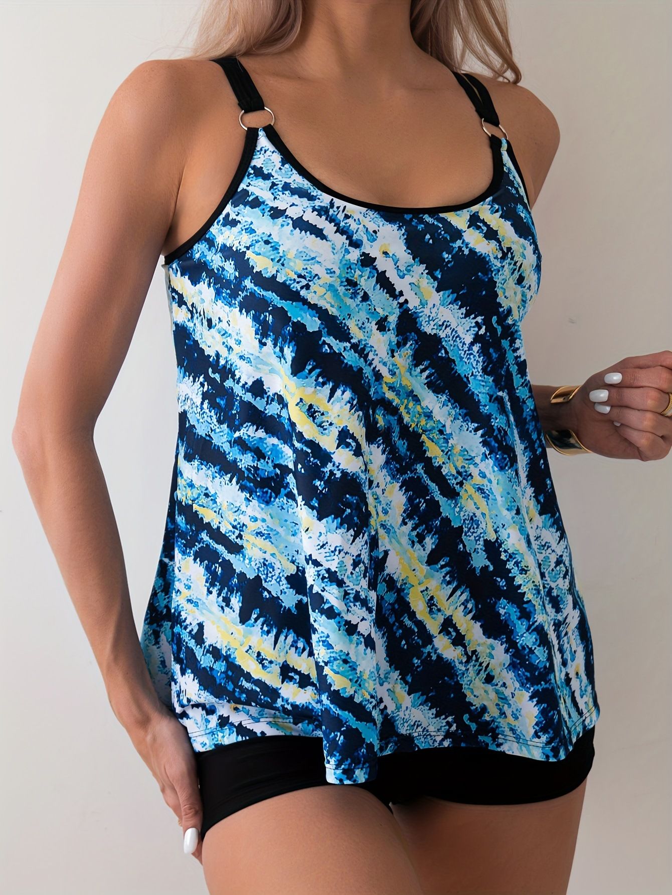 (image for) Women Printed Tankini Set with Boy Shorts, Conservative Tummy Control Two Piece Swimsuit with Ring Detail Straps, Modest Beach Hot Spring Bathing Suit S-XXL
