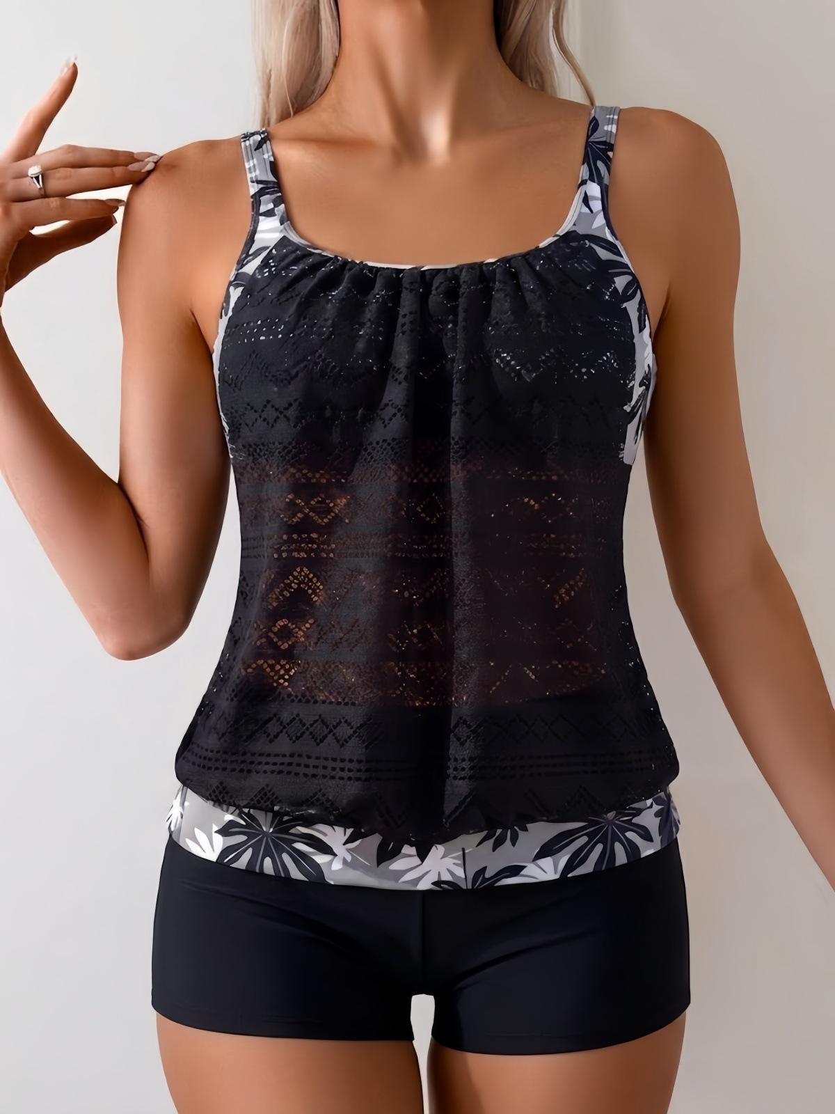 Women Hollow Out Lace Overlay Tankini Set with Boy Shorts, Black Floral Trim Conservative Two Piece Swimsuit with Padded Cups M-2XL (image for) Women Hollow Out Lace Overlay Tankini Set with Boy Shorts, Black Floral Trim Conservative Two Piece Swimsuit with Padded Cups M-2XL