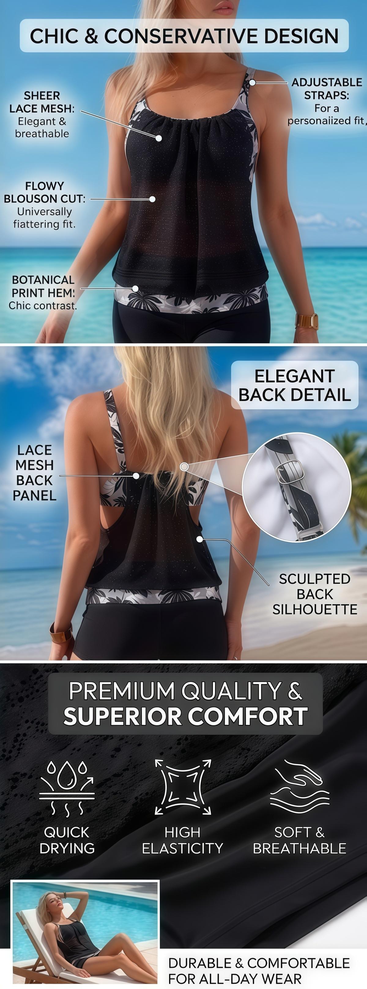 (image for) Women Hollow Out Lace Overlay Tankini Set with Boy Shorts, Black Floral Trim Conservative Two Piece Swimsuit with Padded Cups M-2XL